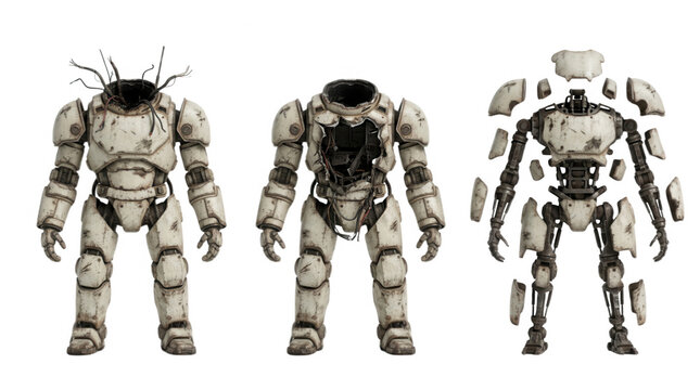 Set of three creatively designed halloween themed robot figures showcasing unique styles and textures for festive decoration