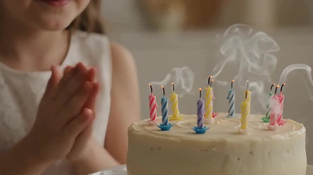 Child's Hands During Festive Flame-Blowing Moment, Pausing as Candles Smoke on Birthday Cake, for Family Celebration Videos, Event Footage, and Social Media Clips
