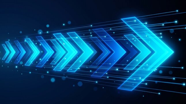 Blue neon arrows streaming horizontally on dark background with stream horizontally technology futuristic direction abstract glowing graphic motion design visual with effect