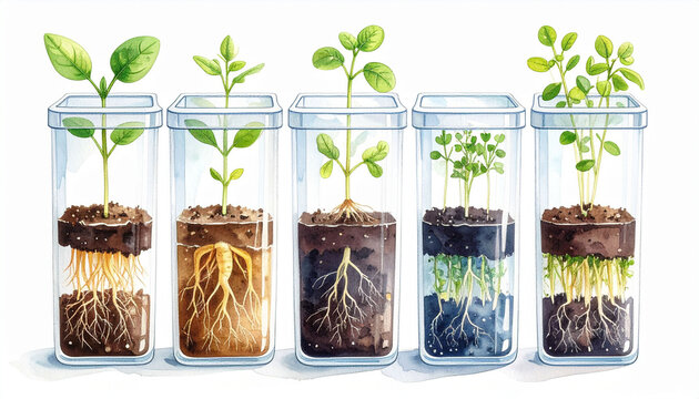 Transparent container showing seed growth with roots and shoots, white background