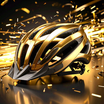 a gleaming, golden helmet rests on a reflective surface against a dark background. the helmet features distinct ridges, and a dark visor