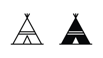 Tribal teepee tent icon set in outline and solid black style for camping and outdoor adventure © Fatema