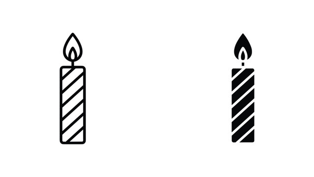 Single striped birthday candle icon with burning flame in outline and solid black vector format