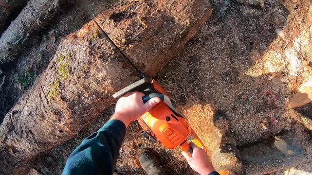 Extreme low viewpoint shows heavy cutting head engaging large log while dense clouds of wood chips, bark fragments, and fine sawdust burst outward, filling foreground with gritty debris in daylight