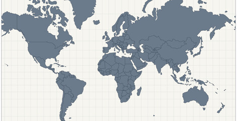 Fototapeta premium Atlas Mercator Mediterranean Zoom Slate Editable Projection Atlas World Map Featuring editable country borders with graticule lines on a geographic projection Forming Global Continents for Frosted