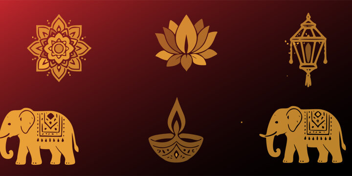 Diwali Pattern with Diya, Lotus, Elephants and Ornamental Lantern.