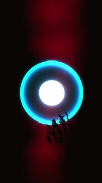 Glowing cyan portal circle illuminates dancing fantasy silhouettes against a dark red atmospheric space in a 3D animation