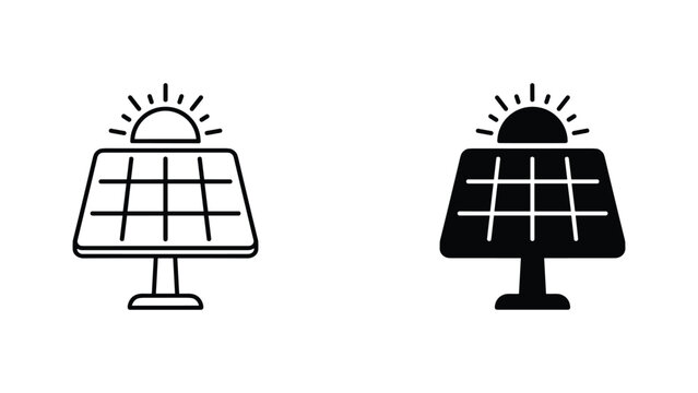 Solar panel with rising sun icon for renewable energy and green power conceptual vector illustration