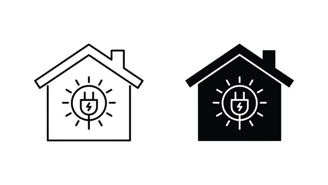 House icon with sun and power plug symbol for home energy efficiency and sustainable electricity use