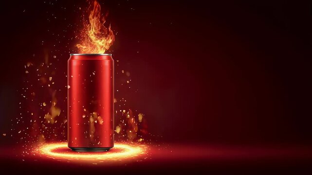 Red drink can engulfed in flames on dark background. Hot beverage packaging concept with fire sparks. Metallic container mockup for energy drink advertisement.