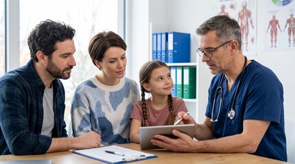 Fototapeta premium Doctor explaining medical diagnosis to parents and child using a digital tablet in clinic