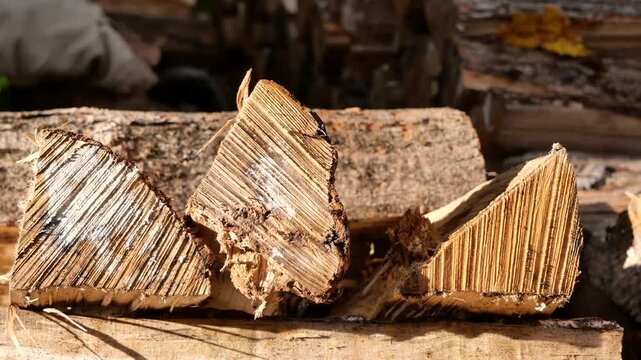 Three split firewood pieces on rough plank in close-up under warm sunlight with fresh radial grain, jagged splinters, and weathered bark texture