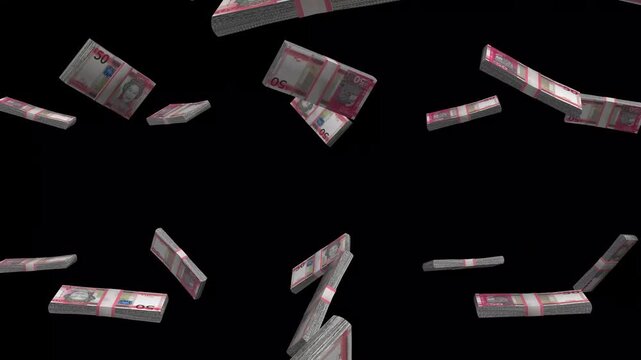 Jersey Money, Jersey Pound Banknotes Falling On Black Background, JEP Currency Stacks Dark Cinematic, 4K