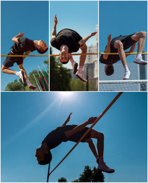 High jump athlete demonstrating multiple phases of Fosbury technique. Concept of coaching diagrams, athletics education, technique analysis, sports editorials, and event promotion.