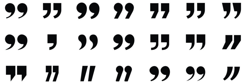 quotation marks black silhouette icons set featuring various styles of speech bubbles commas punctuation accents and typographical brackets for blockquotes and citations