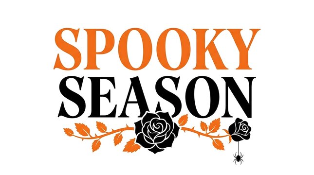 Spooky Season typography design with black roses and orange leaves for Halloween graphics.