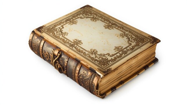 Antique vintage book with ornate leather cover and aged yellowed pages on white background