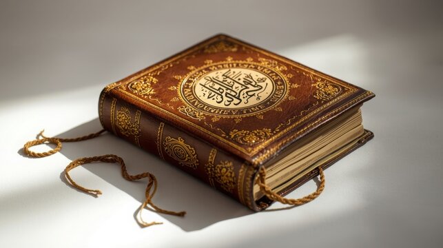 Ancient leatherbound religious book with gold calligraphy on a neutral background