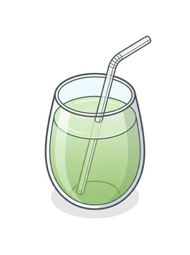 Isometric 2D vector illustration of light green drink liquid beverage with drinking straw in convex clear glass isolated on white background 
