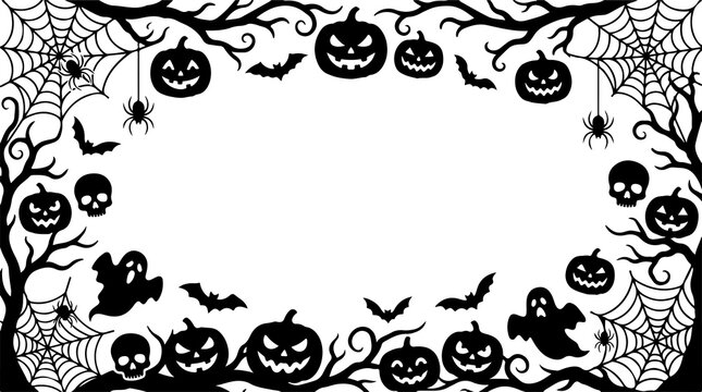 Halloween Pumpkin Border Vector &ndash; Spooky Jack O Lantern, Bat, Ghost, Skull and Spider Web Frame