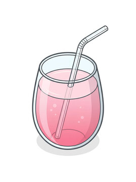 Isometric 2D vector illustration of pink drink liquid beverage with drinking straw in convex clear glass isolated on white background 