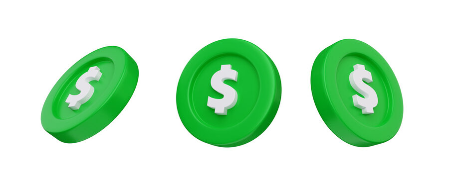 Set of 3D render dollar coins icon sign. Isolated money currency symbol collection for financial business, cash payment, banking exchange, investment wealth, revenue earnings, profit income, savings