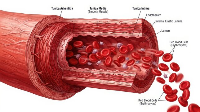 Anatomy cross section of a human artery showing layers and red blood cells flowing through the lumen on a clean white background