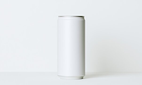 Clean, minimalist shot of a tall, slender, white beverage can against a stark background