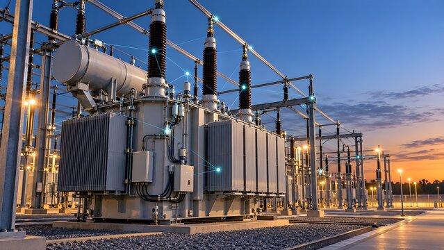 Industrial electrical substation transformer at sunset with glowing digital connection lines representing smart grid power distribution and modern energy network.