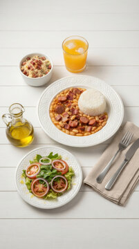 White beans with sausage and bacon, served with rice, farofa, fresh salad, and fresh-squeezed orange juice