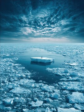 Single iceberg floating in dramatic blue sky
