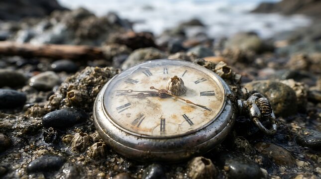 Old pocket watch covered in barnacles on a rocky beach shore
