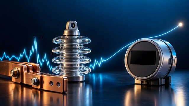 Electrical industrial components with a glowing upward financial chart line representing energy market growth and profitable utility infrastructure investment.