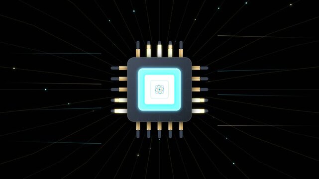 Futuristic microchip processing data flows on black background with glowing blue core and golden pins in cinematic motion graphics clip.