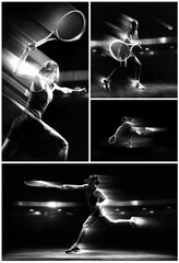 Fototapeta premium Female tennis player serving and striking ball in monochrome action collage. Concept of sports fashion, tournament editorials, racket promotion, and dramatic event posters.