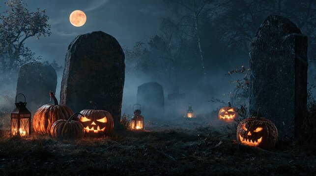 Halloween graveyard scene with glowing jack o lanterns and full moon in dark forest