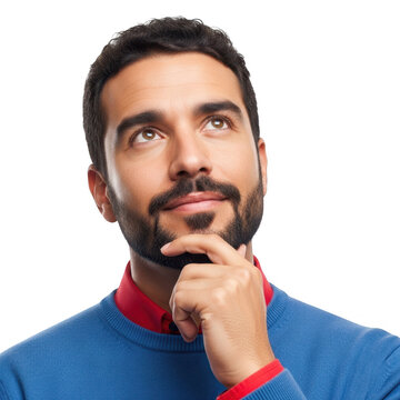 Thoughtful man with chin resting on hand in blue shirt