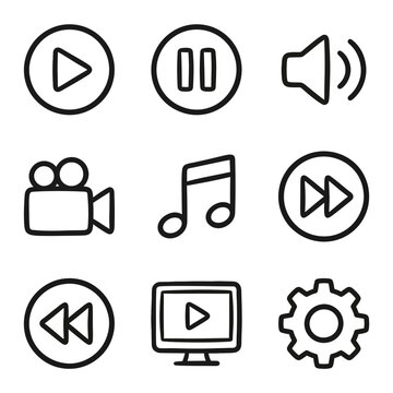 Set of hand drawn media player icons including play pause volume music and settings.