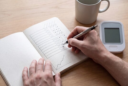 Person reviews home health diary beside monitoring device