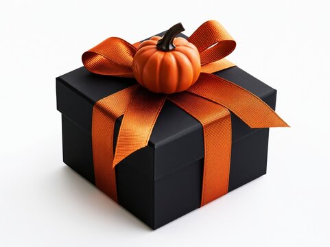 Black gift box decorated with orange ribbon bow and miniature pumpkin for halloween holiday