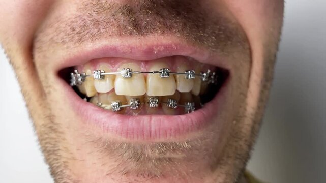 A close-up of a man's face with braces, smiling broadly, yellow plaque and tartar are visible on her crooked teeth. Orthodontic treatment, oral care, and teeth cleaning