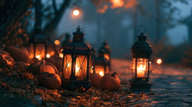 Vintage lanterns glowing with warm firelight surrounded by autumn pumpkins in dark forest