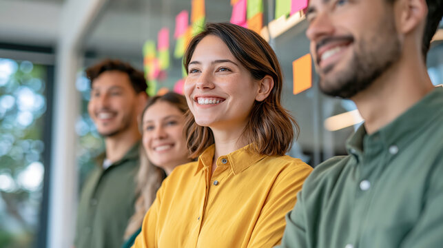 Smiling young woman and diverse team in casual clothing with sticky notes