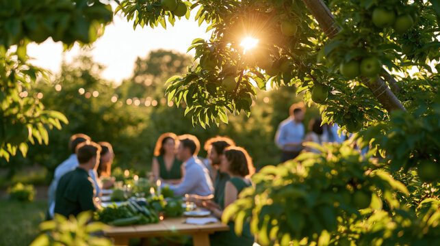 Group of friends enjoying outdoor dinner at sunset in lush garden setting