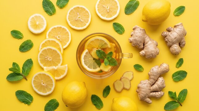 Top view of ginger tea in a glass cup with fresh lemon slices, ginger root, and mint leaves on a yellow background