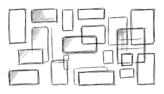 Hand drawn sketchy doodle boxes and rectangles abstract wireframe design elements isolated on white background