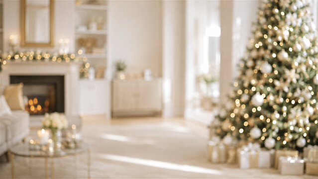 blurred festive living room interior with decorated christmas tree and glowing fireplace. Elegant white home decorated for holiday celebration with gifts, garland and bokeh lights