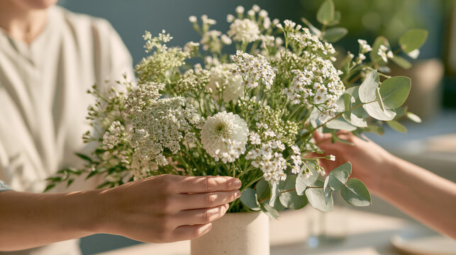 Woman arranging white flower bouquet with green leaves in bright room