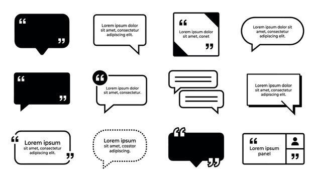 A collection of black and white speech bubbles with quote marks and placeholder text