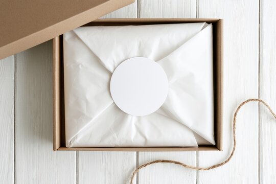 Open cardboard box with white tissue paper, round sticker, and twine